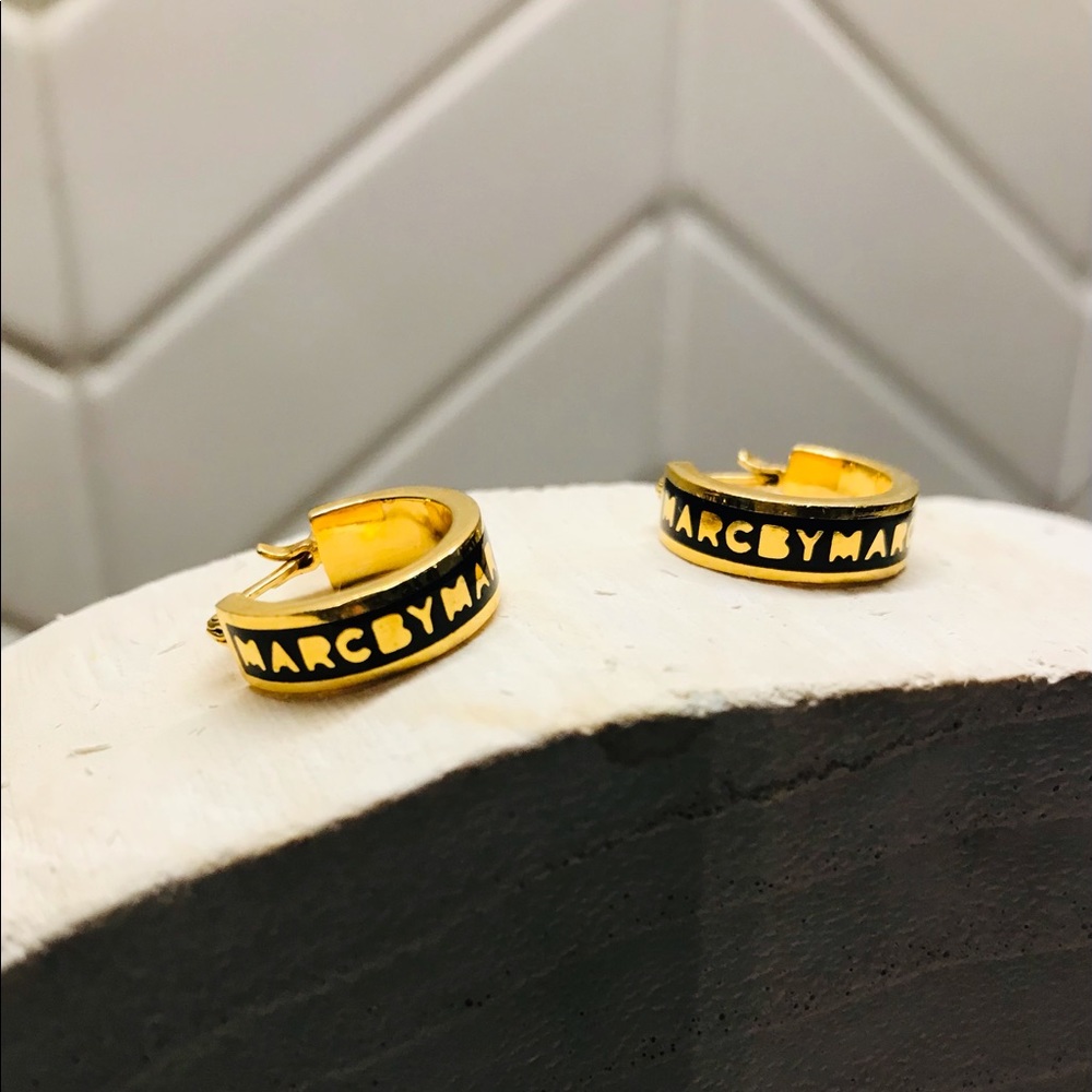 Authentic Marc by Marc Jacobs Black and Gold Enamel Logo Earrings